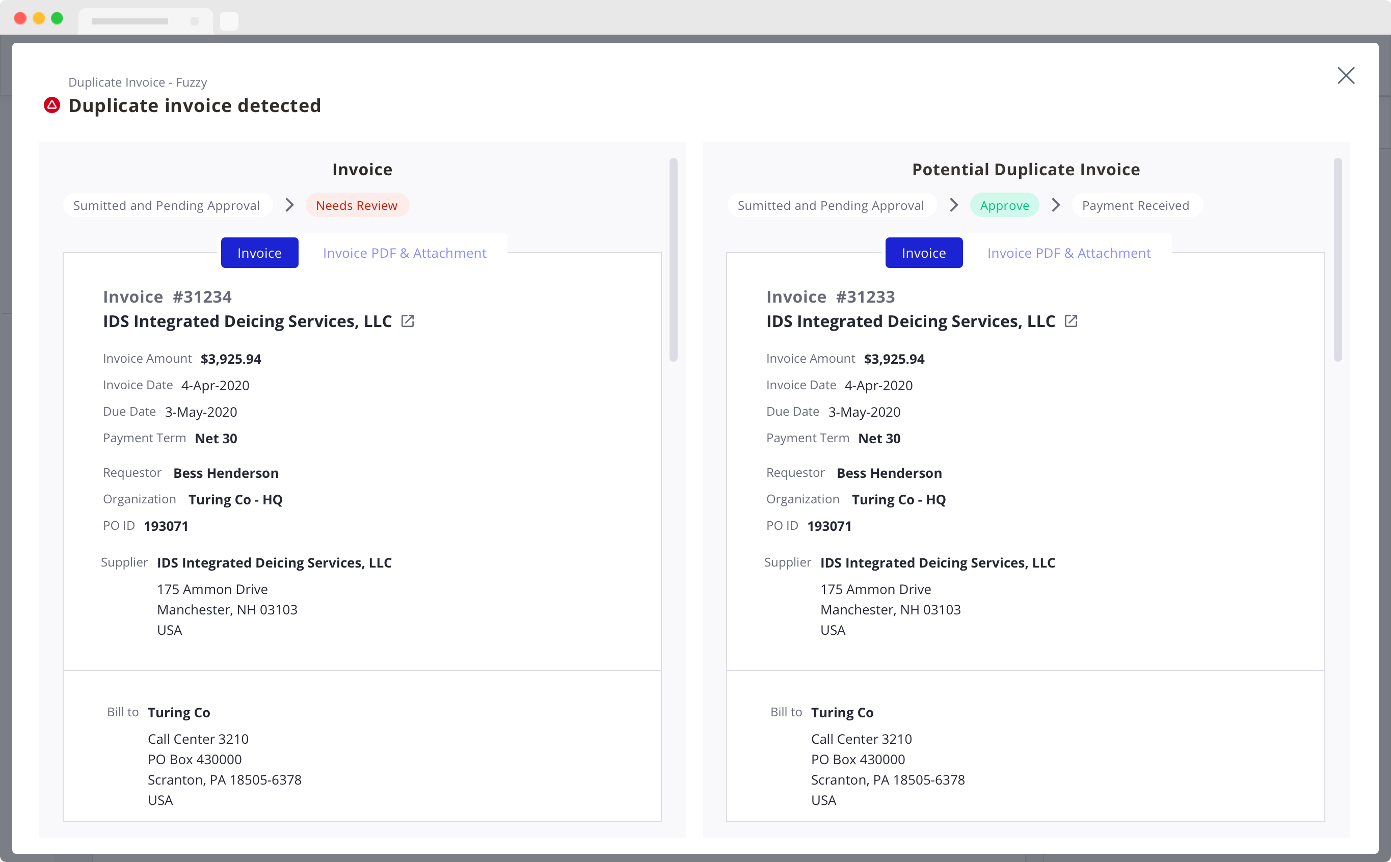 Invoice Detail - Duplicate modal browser